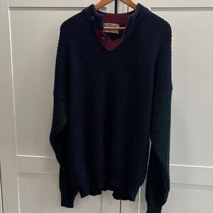 Vintage London Fog Men's Navy V-Neck Sweater with Green Sleeves and Maroon Trim